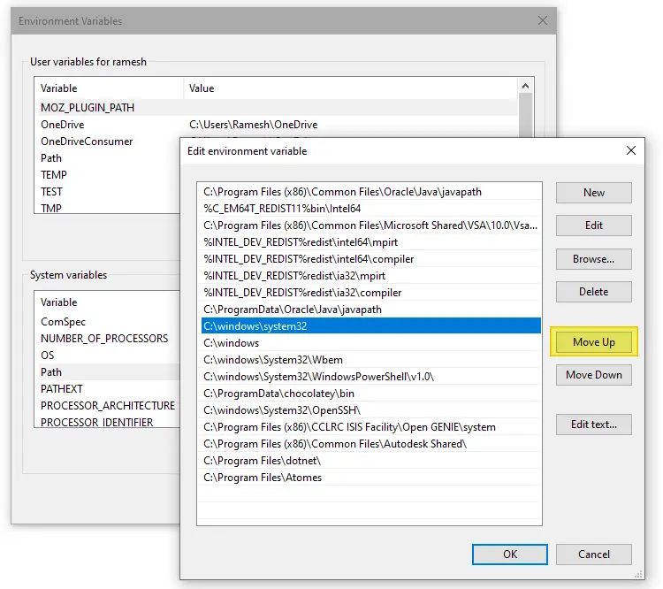 move windows and system32 to the top of the path variable