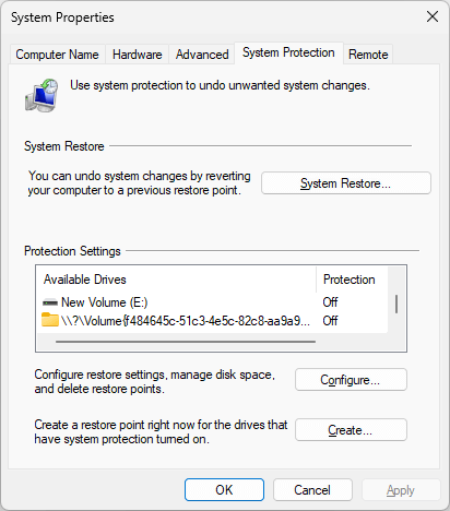 unknown volume mystery drive in system restore tab