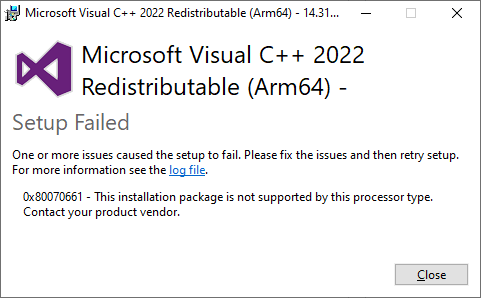 vc redist ARM version error