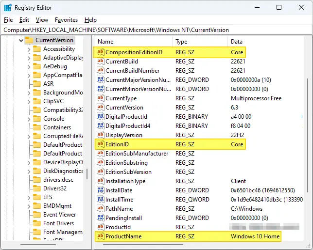 windows 10/11 pro to home downgrade - editionid registry value