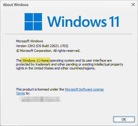 windows 10/11 pro to home downgrade - winver.exe