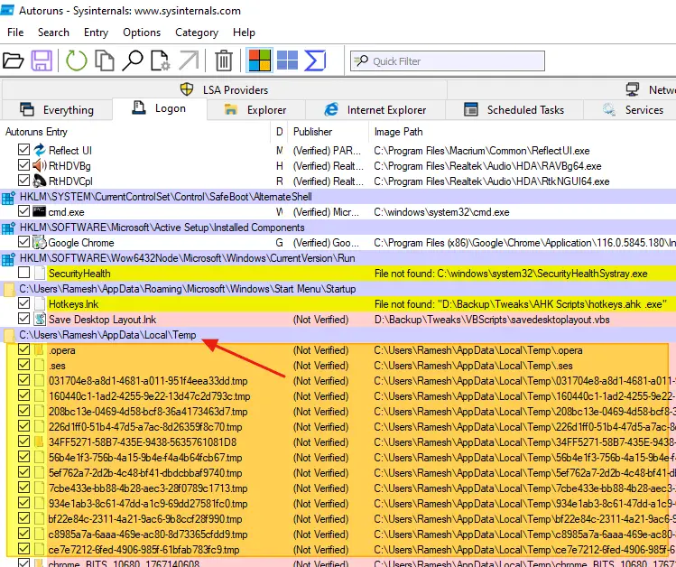 Autoruns temporary files in the logon tab