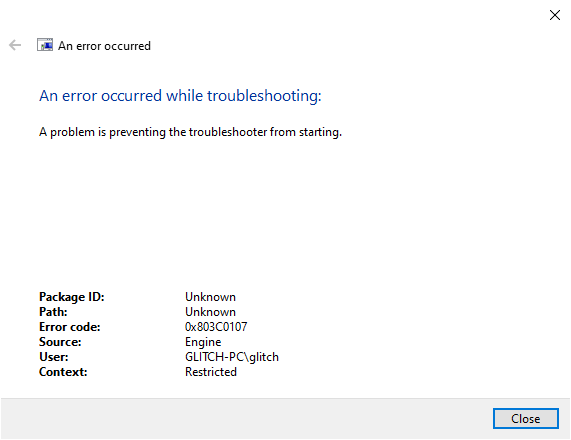 0x803C0107-troubleshooter error