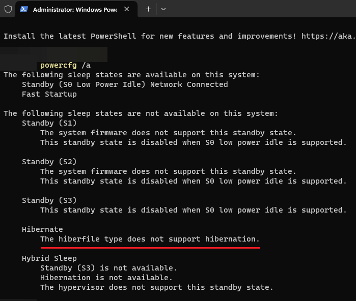 hibernate missing powercfg availablesleepstates