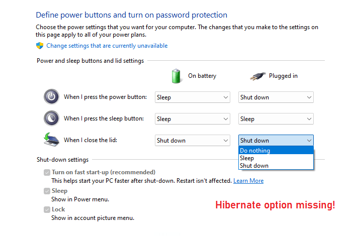 power options - hibernate missing - dropdown