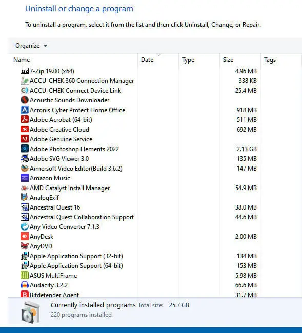 programs and features - date column is blank