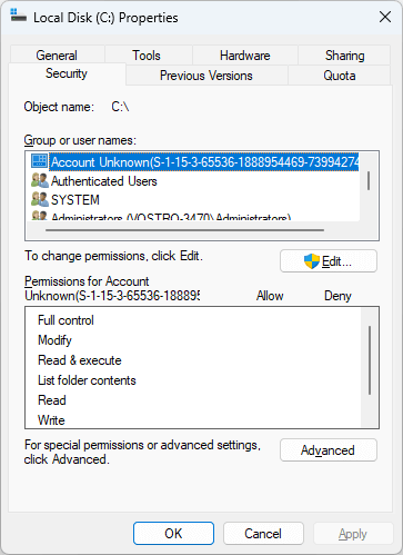 capability SID - account unknown - security tab