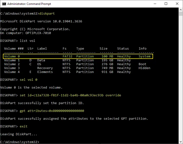 fix EFI partition id using diskpart's set id command.