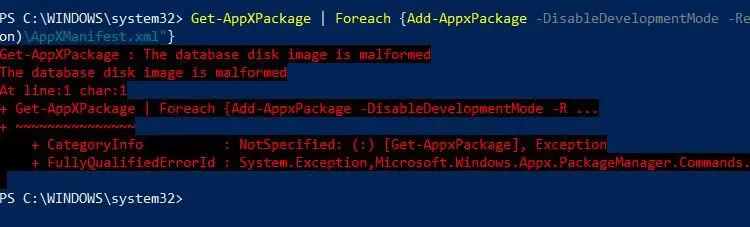 get-appxpackage database disk image malformed