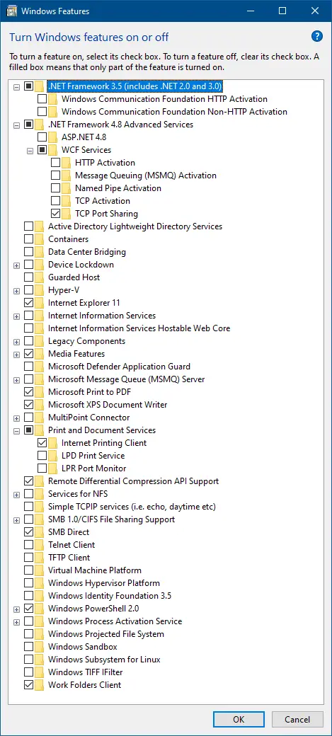 optionalfeatures.exe default settings for windows 10