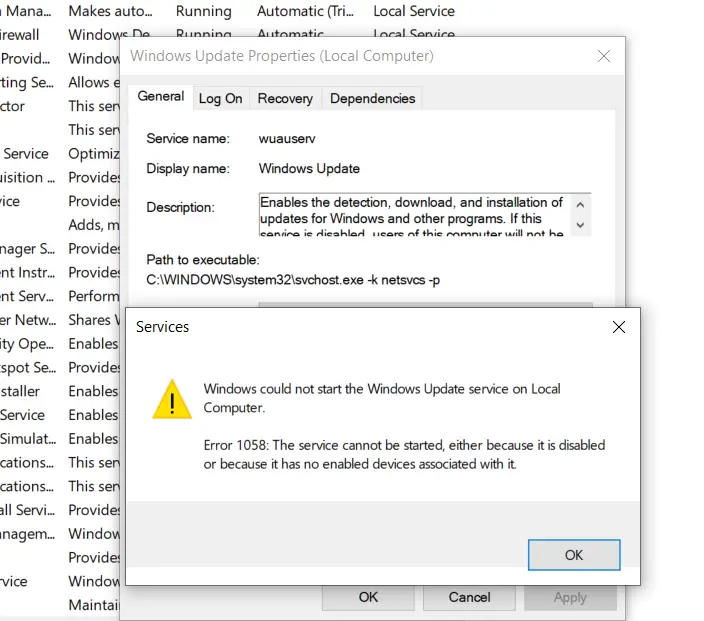 wuauserv error 1058