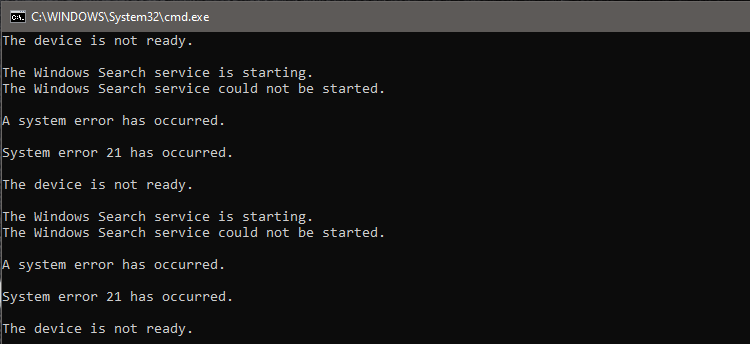 windows search service could not start - error 21