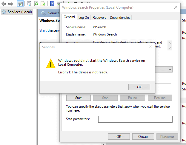 windows search service could not start - error 21