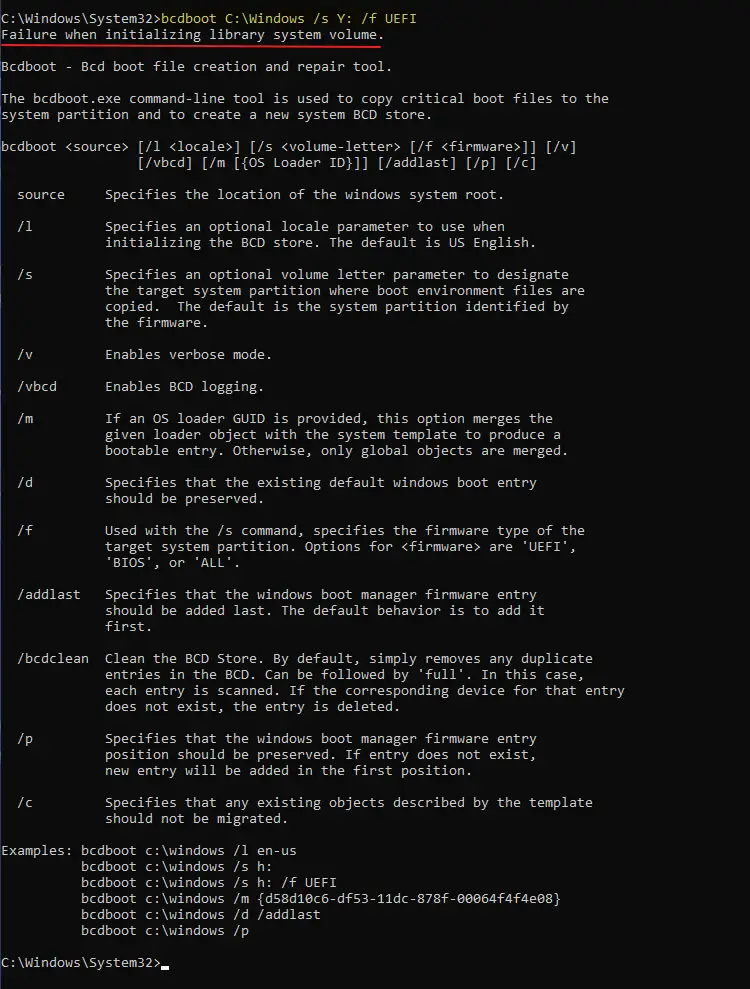  bcdboot: failure initializing library system volume
