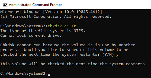 chkdsk c: /r - schedule for next reboot