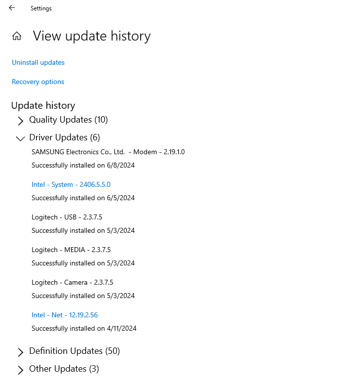 windows update history - driver updates