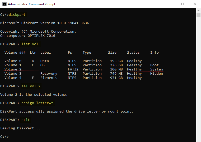 diskpart - assign efi drive letter