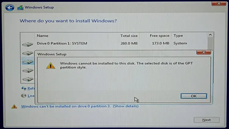 setup - windows cannot install gpt partition format