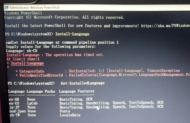 powershell install-language operation time out