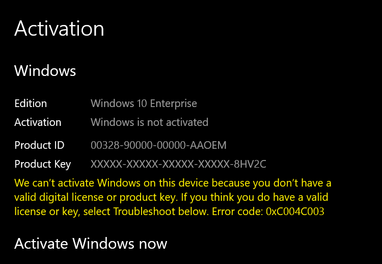 pro upgrade-installed enterprise - error 0xc004c003