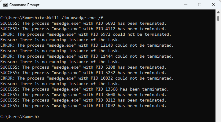 taskkill all instances of microsoft edge msedge.exe