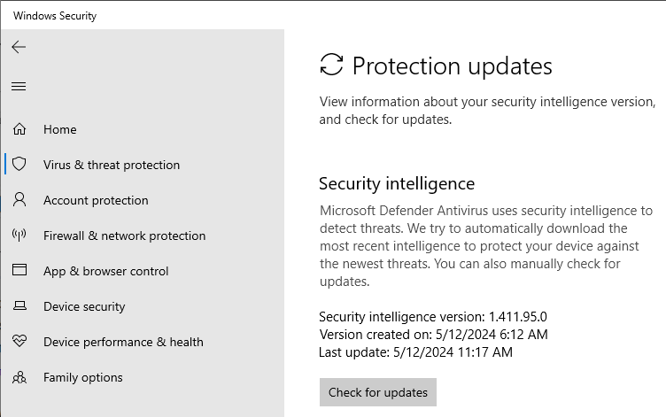 windows security - check for updates