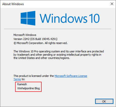 registeredowner and registeredorganization registry values - winver - about windows dialog