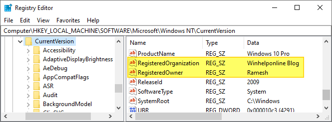 registeredowner and registeredorganization registry values - winver - about windows dialog