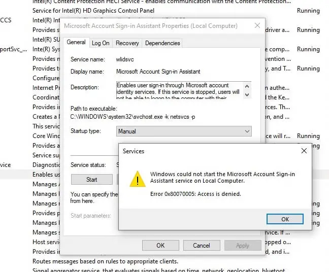 wlidsvc service error 0x80070005 fix