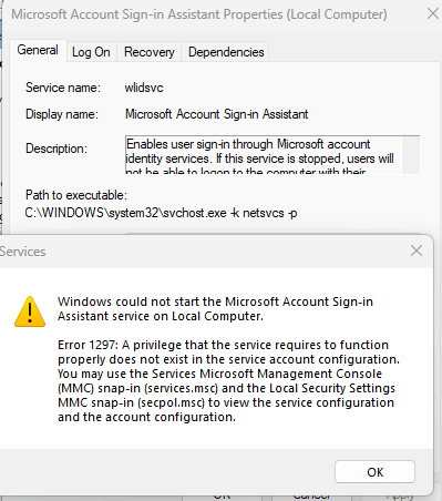 wlidsvc error 1297 and 0x80070005 fix