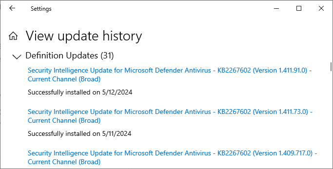 defender updates history - windows update