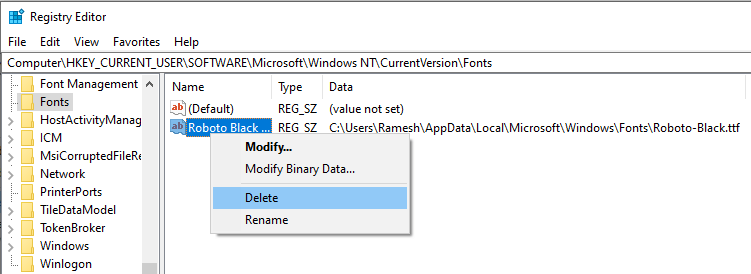 uninstall font using registry