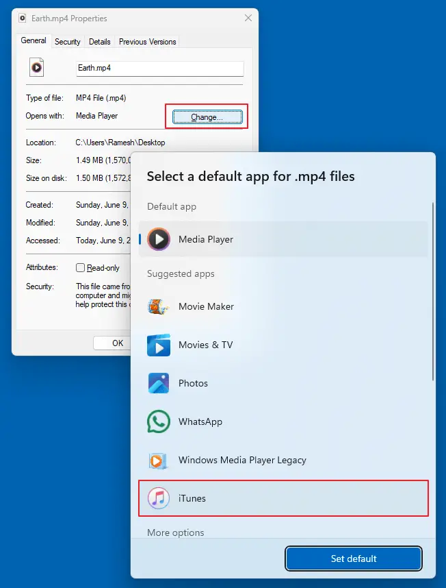 itunes .mp4 associate open with dialog