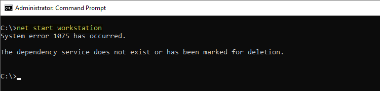 workstation service error 1075
