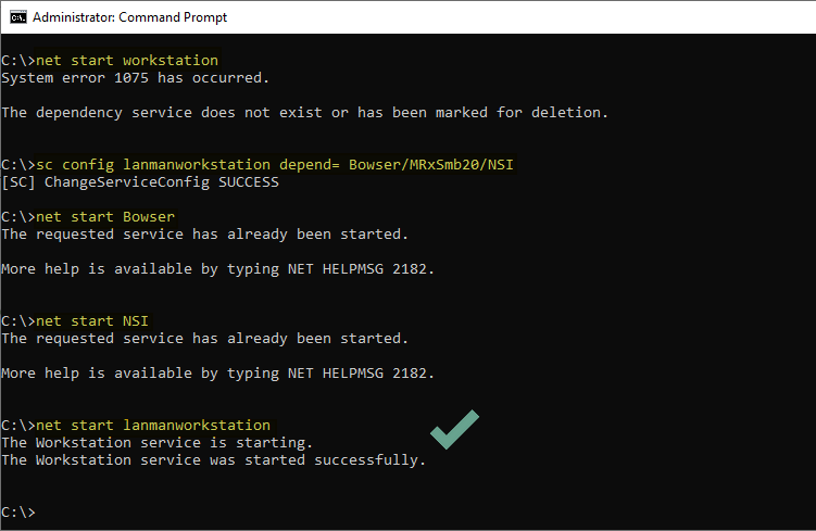 workstation service error 1075