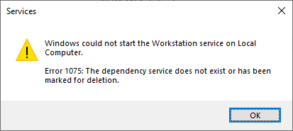 workstation service error 1075