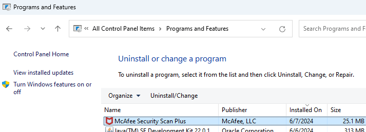 mcafee-security-scan-plus uninstall via control panel