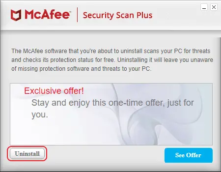 mcafee-security-scan-plus uninstall dialog