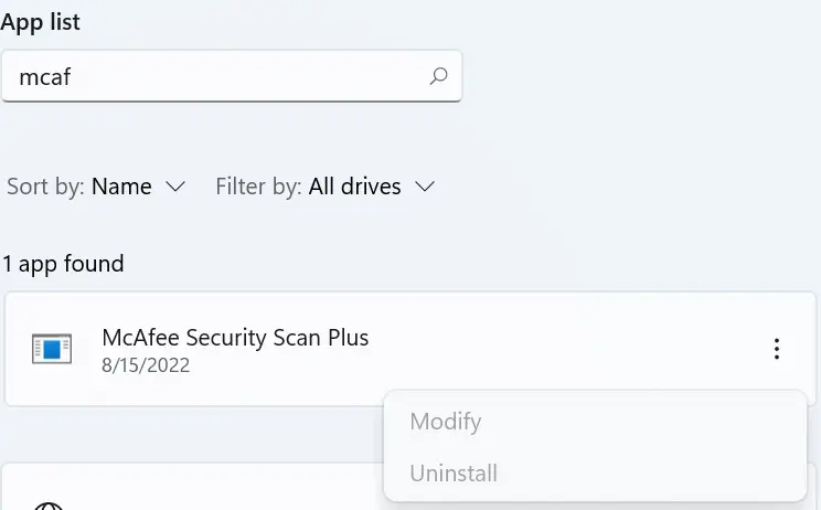 mcafee-security-scan-plus uninstall grayed out