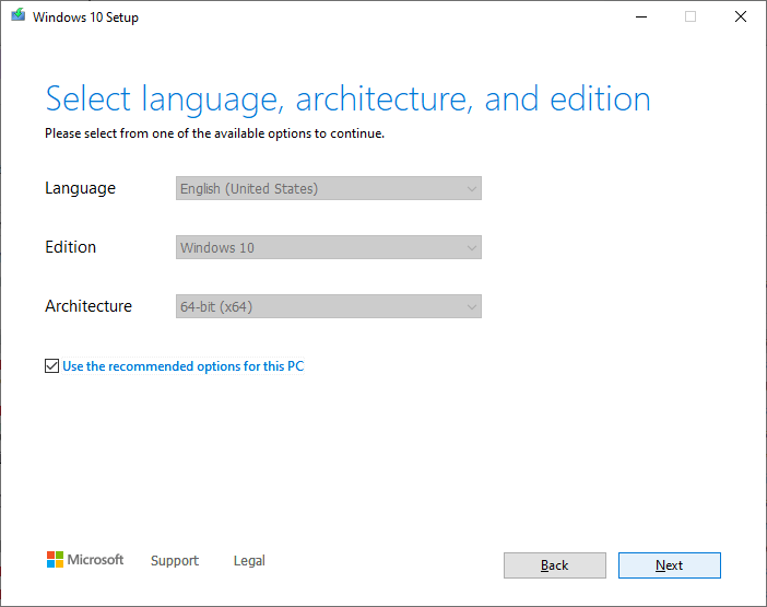 mct use recommended options for this pc - windows 10