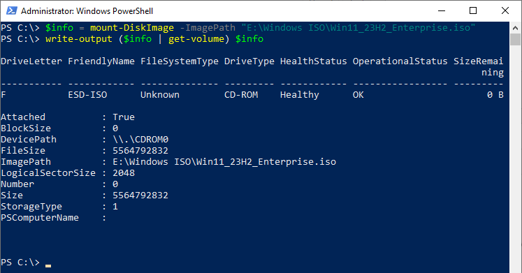 mount iso powershell get details and drive info