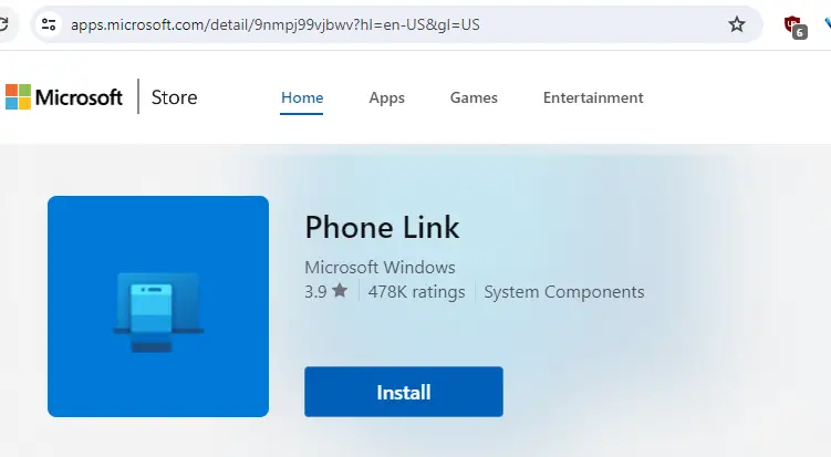 Phone Link - install Store app