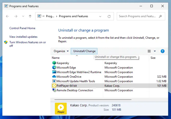 PotPlayer uninstall from programs and features