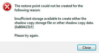 system restore point error 0x8004231f