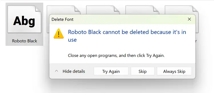 cannot uninstall font - file is in use
