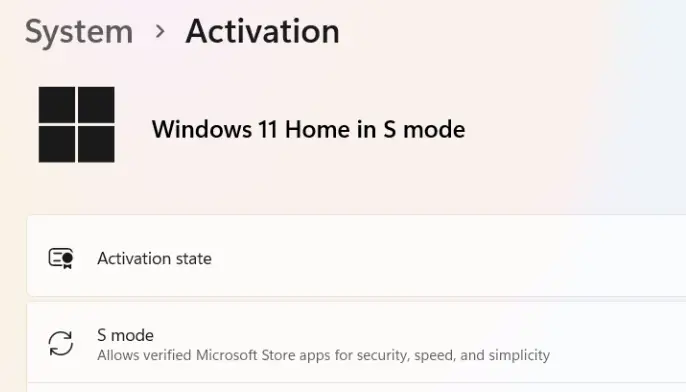 windows 11 s-mode - activation tab