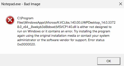 vclibs uwpdesktop 33728 bad image