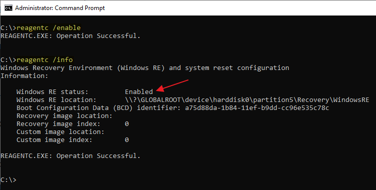 enable winre using reagentc and get confirmation