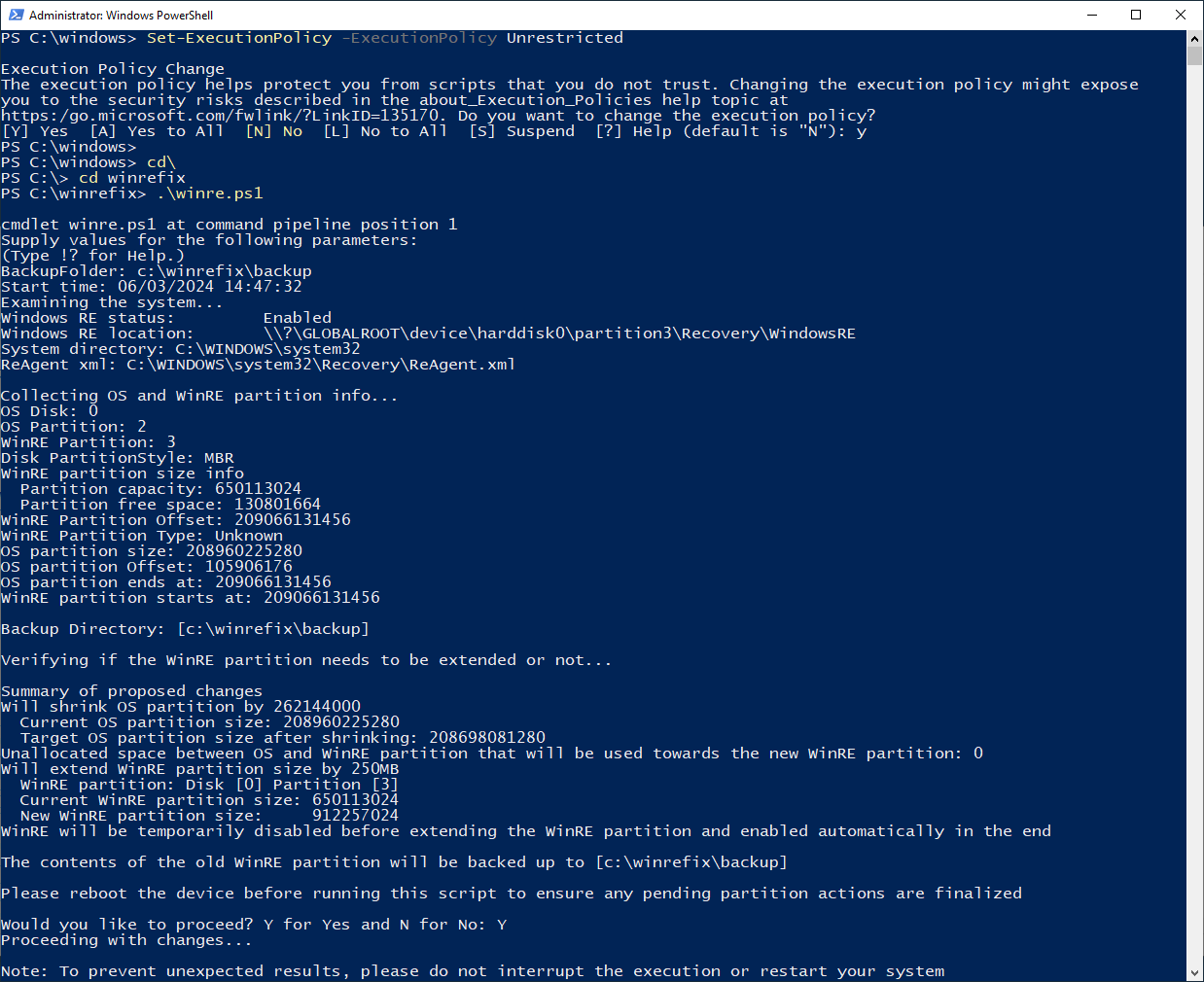 recovery partition extend - powershell output
