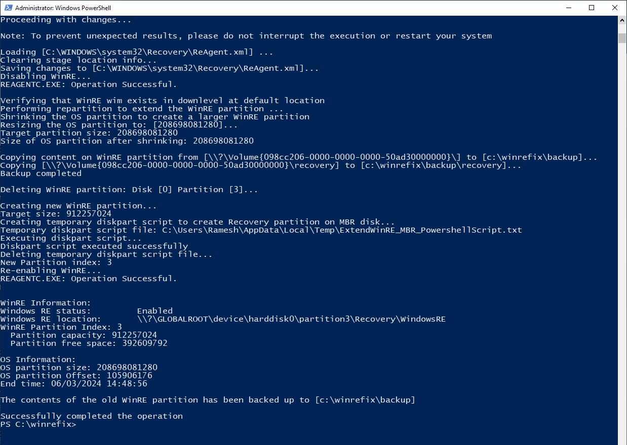 recovery partition extend - powershell output